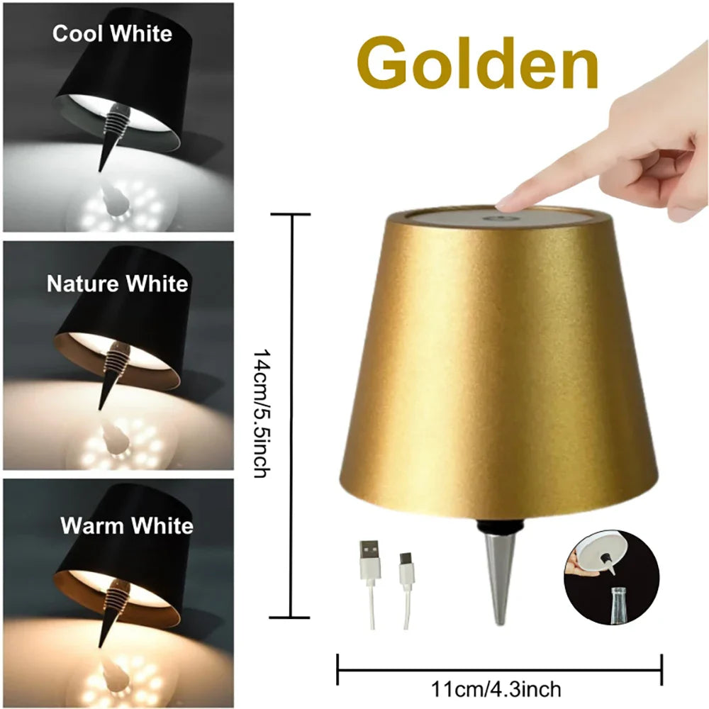 Wireless Bottle Lamp Shade Portable LED Bottle Lamp 3 Color Stepless Dimming Night light for Bedroom Bar Restaurants Party Decor